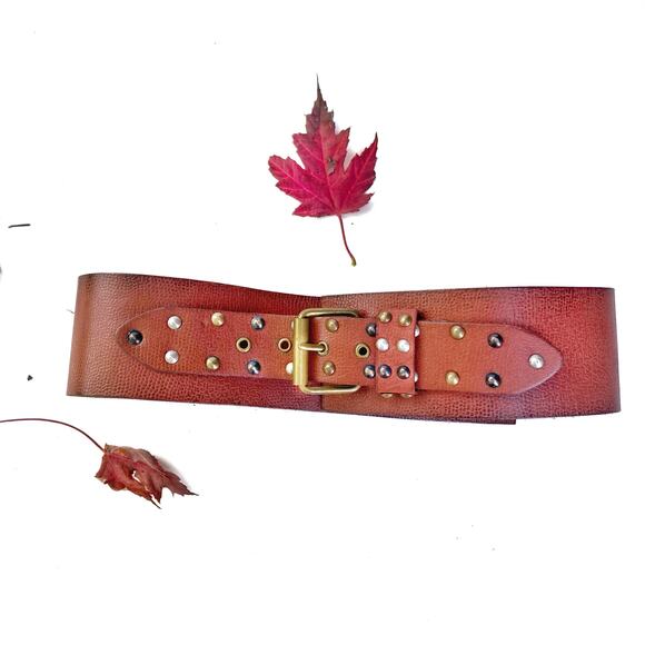 Heritage Studded Leather Belt in Tan by Linea Pelle | Vintage Y2K Fall Staple - Picture 1 of 13
